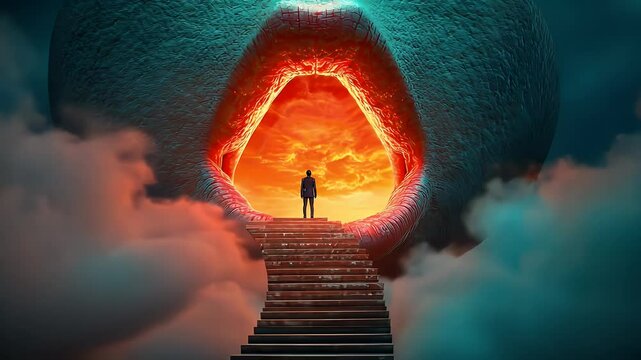 Man standing before glowing portal in dreamscape
