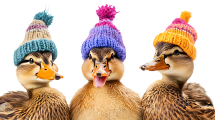 Festive Ducks in Colorful Hats in Barnyard Setting