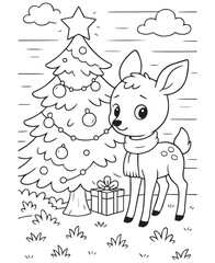 Coloring book baby reindeer with a scarf stands next to a decorated Christmas tree 
