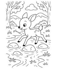 Coloring book deer, like Bambi, playfully steps across stones in a flowing stream in a forest