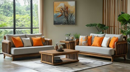 Modern Wooden Sofa Set in a Cozy Living Room