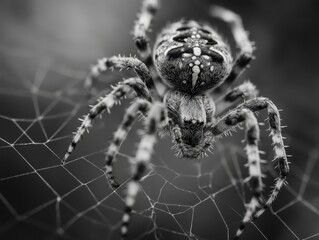 Detailed black and white close-up of a spider on a web.