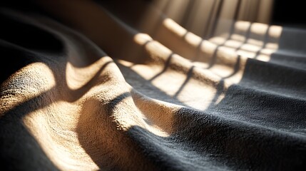 Warm sunlight illuminates the textured folds of a luxurious beige and gray fabric draped elegantly in soft shadows.