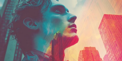 A vibrant, artistic portrait of a person amidst urban cityscape.