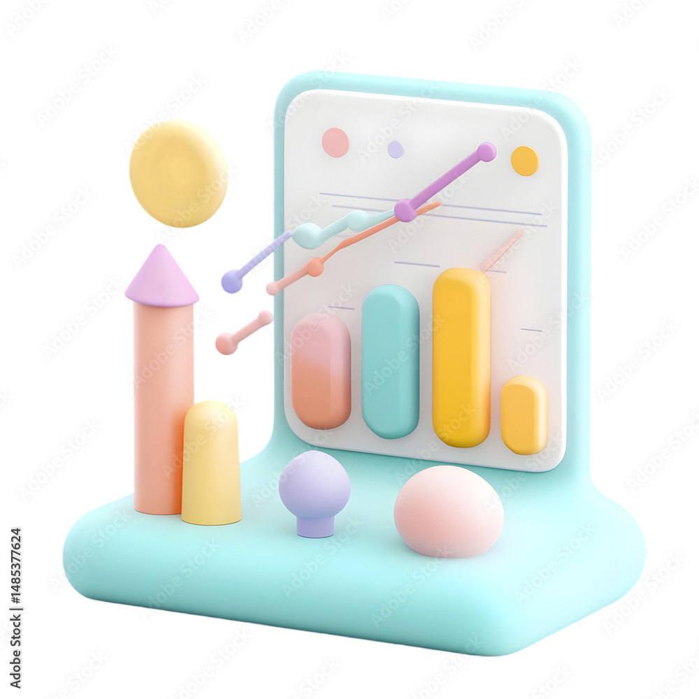 Poster light and playful 3d graphic display of data in pastel colors. abstract shapes and elements support 