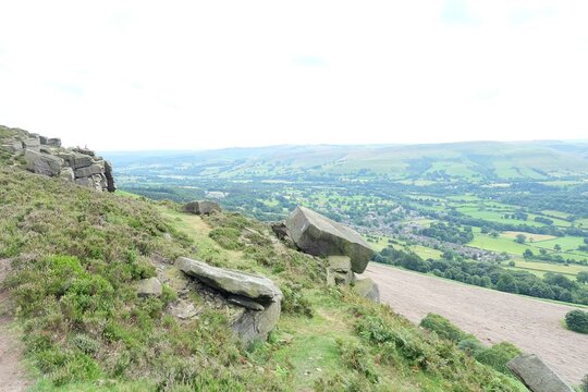 a man walking up a hill with a dog