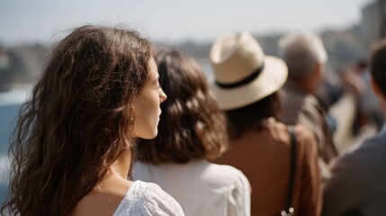 Women stand in thoughtful consideration against a sunlit vista, embodying introspection and hopeful gaze towards horizons.