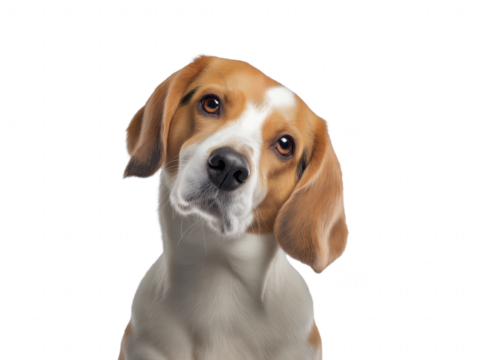 Close-up portrait of a Beagle with brown and white fur and a white facial patch, isolated on transparent background