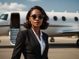 Portrait of a young business woman nearby a private jet 