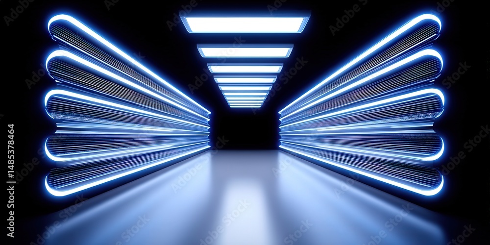 Poster futuristic perspective illustrating glowing blue neon lights converging into a dark space creating a