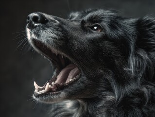 Fototapeta premium Close-up portrait of a black dog with an open mouth.
