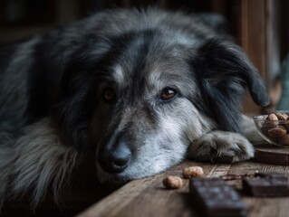Close-up of a gray dog resting on a wooden surface.