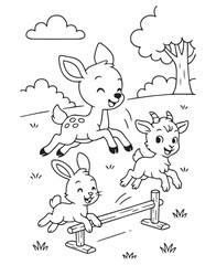 Coloring book deer, bunny, and goat are joyfully bouncing on a trampoline under a cloud.