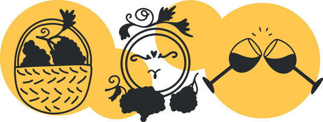 Winemaking. The process of making wine. Drawing, engraving, ink, line art, vector	
