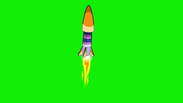 Rocket flying on green screen. Cartoon animation seamless dynamic loop. Dynamic doodle children animation style.