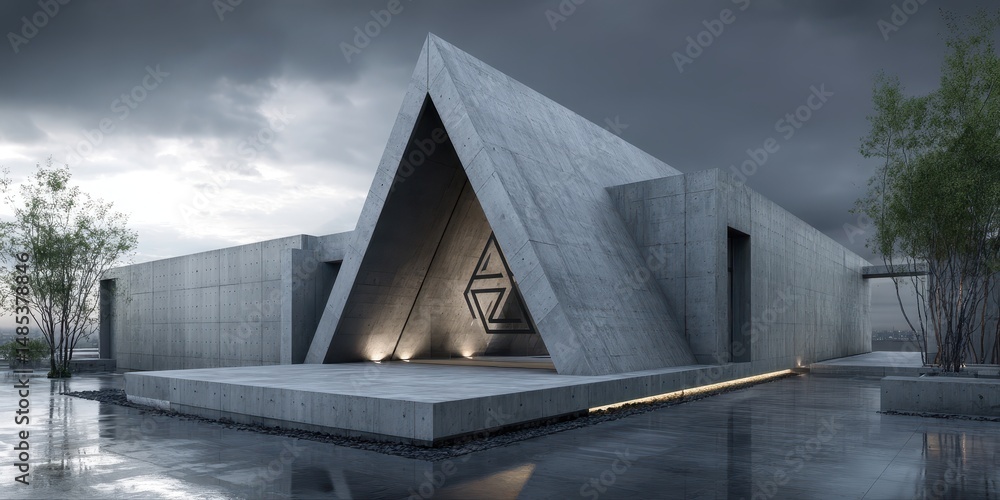 Poster modern concrete structure with a dramatic triangular facade.