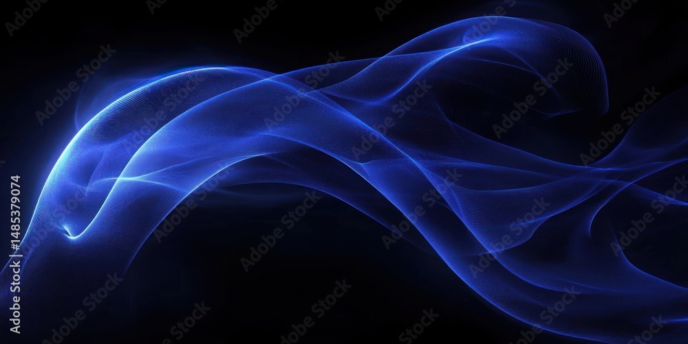 Poster flowing smooth blue light waves on a dark background creating an abstract, calming and fluid visual 