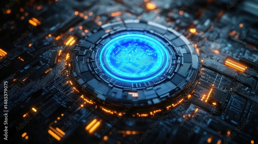 Poster futuristic close-up of a complex dark circuit board with glowing blue central core and orange illumi