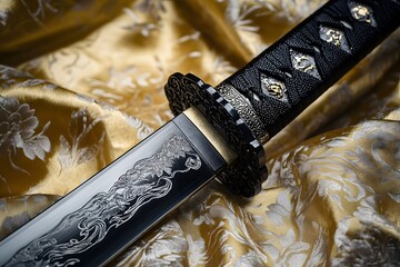 Close up shot of a decorative katana sword showcasing its intricate design and detail