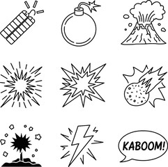 Simple black and white line art illustrations of explosions and dangerous elements