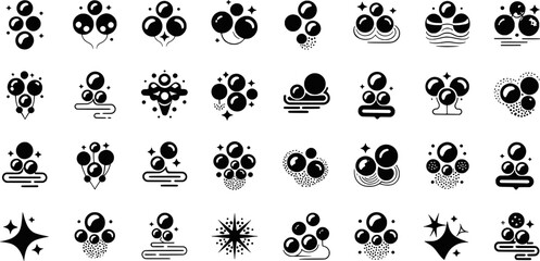 Set of black and white bubble and sparkle illustrations for various design purposes