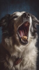 Fototapeta premium Close-up portrait of a dog yawning with a treat.
