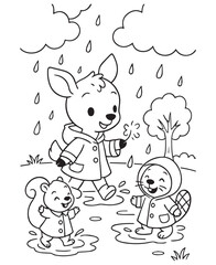 Coloring book deer, squirrel, and beaver in raincoats play in puddles under the rain and clouds. 