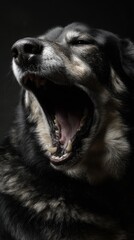 Fototapeta premium A close-up portrait of a dog yawning widely.
