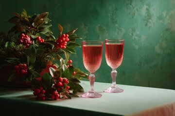 Festive Cranberry and Pink Wine Arrangement on Teal Background