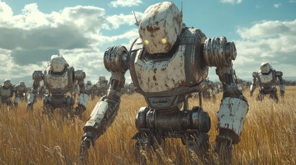 Rusty robots march across a golden field