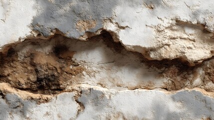 Fototapeta premium A detailed close-up shot reveals a severely damaged and decaying weathered concrete wall texture with exposed brick and crumbling mortar.