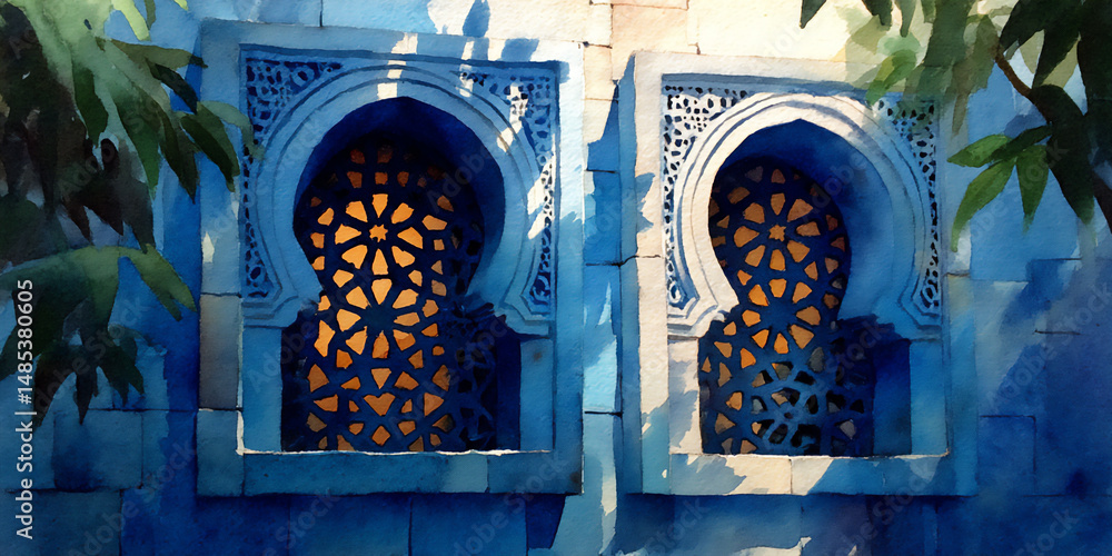 Poster mysterious photograph of subtle shadows playing across the repeating floral patterns of a blue and w
