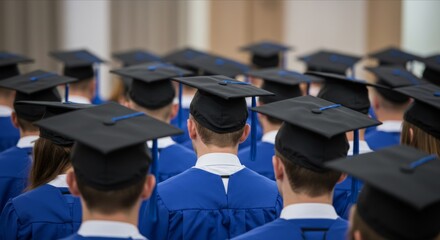 A group of graduates in black caps and blue gowns from behind.