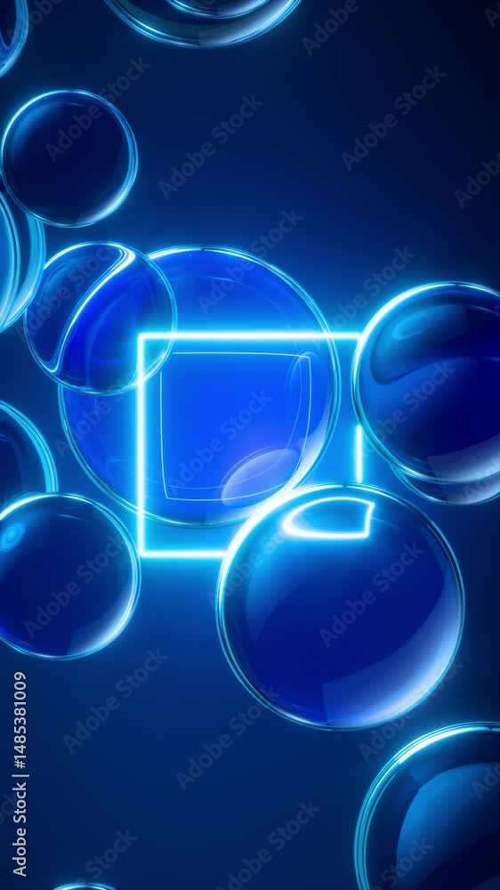 Poster vertical 3d animation. abstract animated blue background of square neon linear frame and clear glass