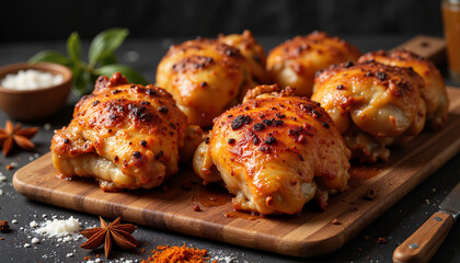 Delicious baked chicken thighs glistening on rustic cutting board, culinary delight