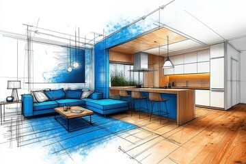 Naklejka premium Interior Design Sketch of Modern Living Room and Kitchen