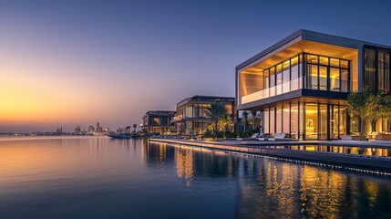Naklejka premium Luxurious waterfront villas illuminated at sunset with city skyline backdrop in a serene environment