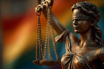 Close-up of a Lady Justice statue holding scales, with a rainbow pride flag in the background, symbolizing equality, law, and LGBTQ+ rights.
