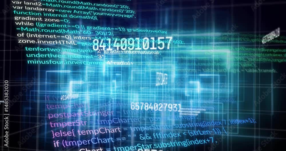 Poster 3d-rendered code cluster floating in neon-blue grid space, showing glowing numbers and light beams