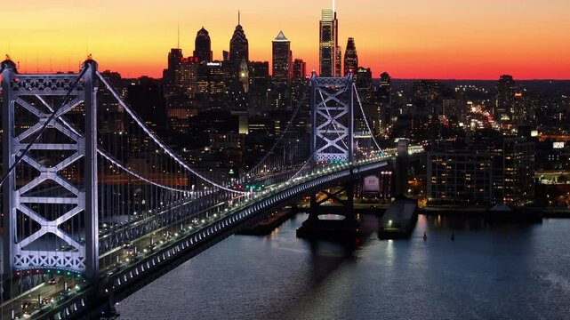 Sunset Skyline In Ben Franklin Bridge At Philadelphia In Pennsylvania United States. Highrise Buildings Landscape. Colorful Sunset. Philadelphia At Pennsylvania United States. 