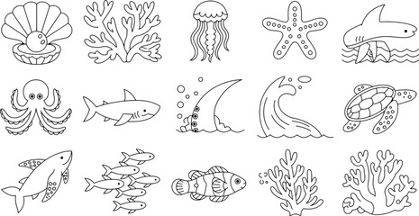 Fototapeta premium Hand drawn marine life collection featuring various sea creatures and coral reefs