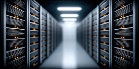 High-tech server room corridor showcasing illuminated data storage units with sleek design and advanced technology emphasizing reliability and performance in digital infrastructure