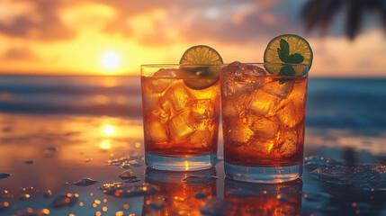 Two refreshing summer cocktails with ice and lime slices on a beach at sunset. Warm tropical vibes, perfect for vacation, summer, travel, resort, and lifestyle themes.