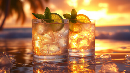 Two refreshing summer cocktails with ice and lime slices on a beach at sunset. Warm tropical vibes, perfect for vacation, summer, travel, resort, and lifestyle themes.