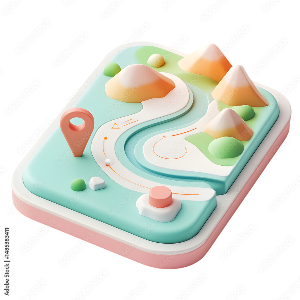 Poster stylized digital map with a cheerful, pastel color scheme. simple shapes create a landscape view, hi