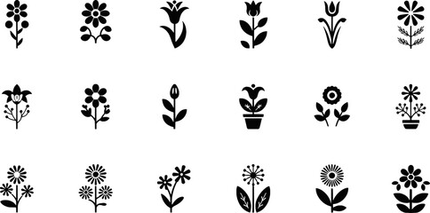 Collection of various black and white floral icons representing flowers and plants