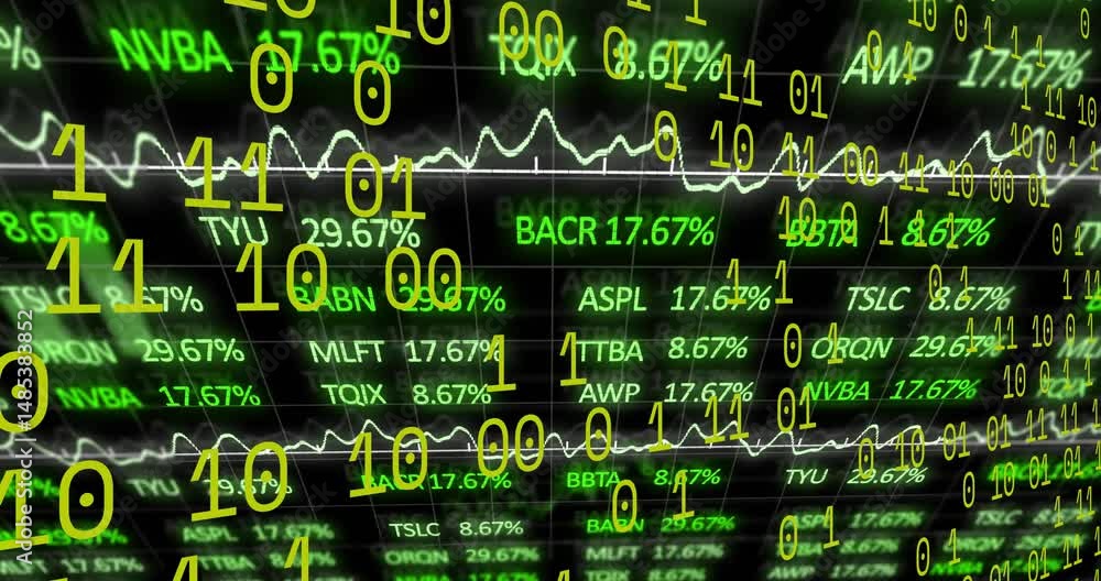 Poster Green stock tickers scrolling across grid showing trend line with yellow binary digits