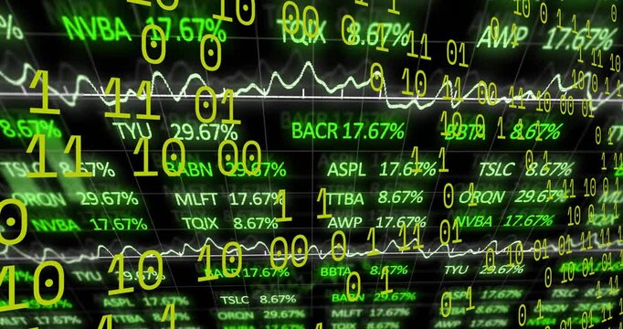 Green stock tickers scrolling across grid showing trend line with yellow binary digits