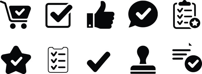 Fototapeta premium Collection of black and white vector icons representing agreement and approval symbols