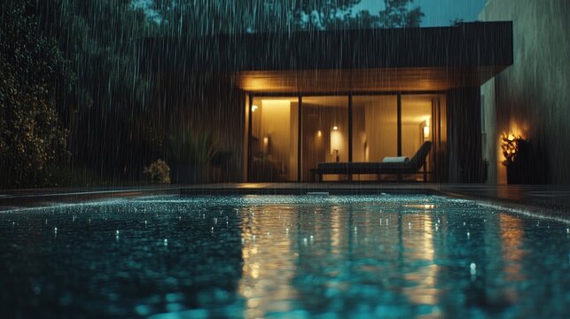 Rainstorm over a modern pool house